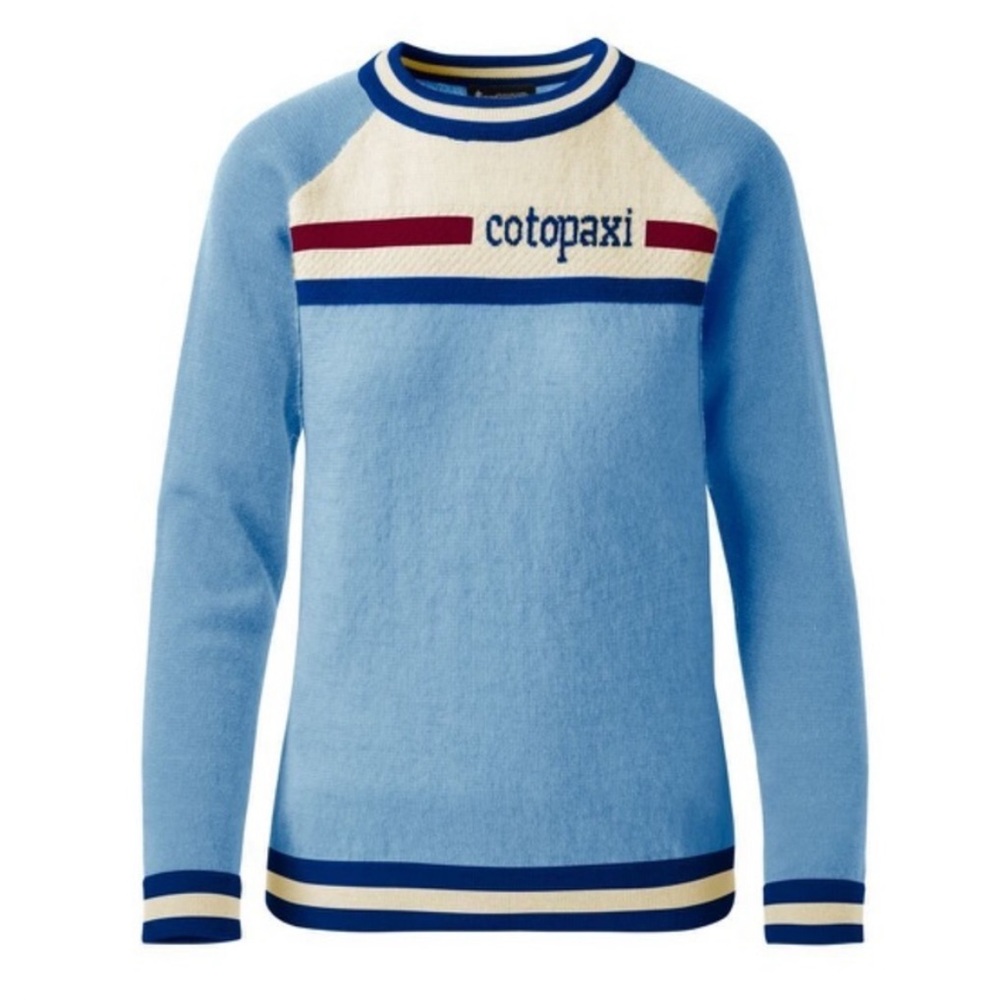 cotopaxi Light Blue Crewneck Sweater with Cream, Navy & Burgundy Accents
